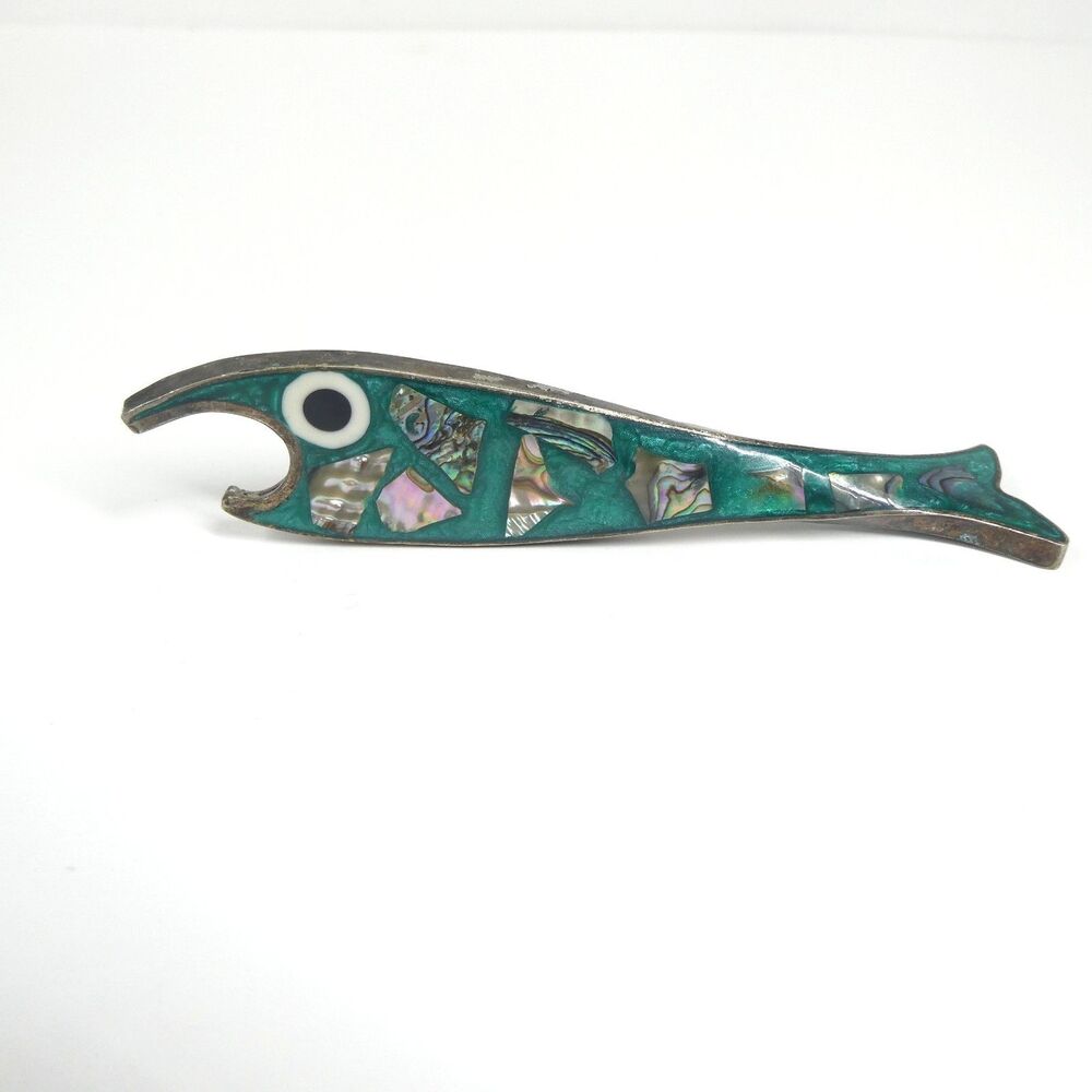 Fish Shaped Bottle Opener Inlaid Mother of Pearl Alpaca Silver Vintage Mexico